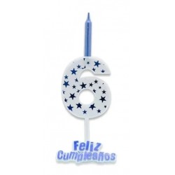 VELA NRO 6 FELIZ CUMPLE AZUL